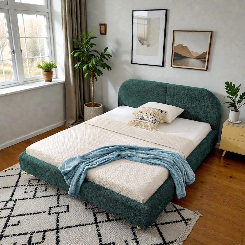 Upholstered Bed Frame with Tall Curved Headboard, Premium Circle Yarn Fabric, Modern Minimalist Platform Bed