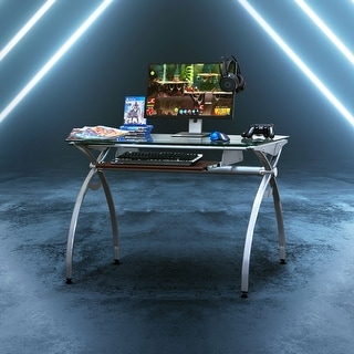 Clear Glass Top Computer Desk with Pull Out Keyboard Panel, Clear - Bed ...