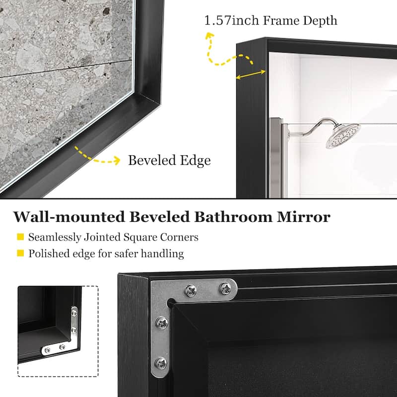 Glossy Black Rounded Corner Rectangle Bathroom Mirror