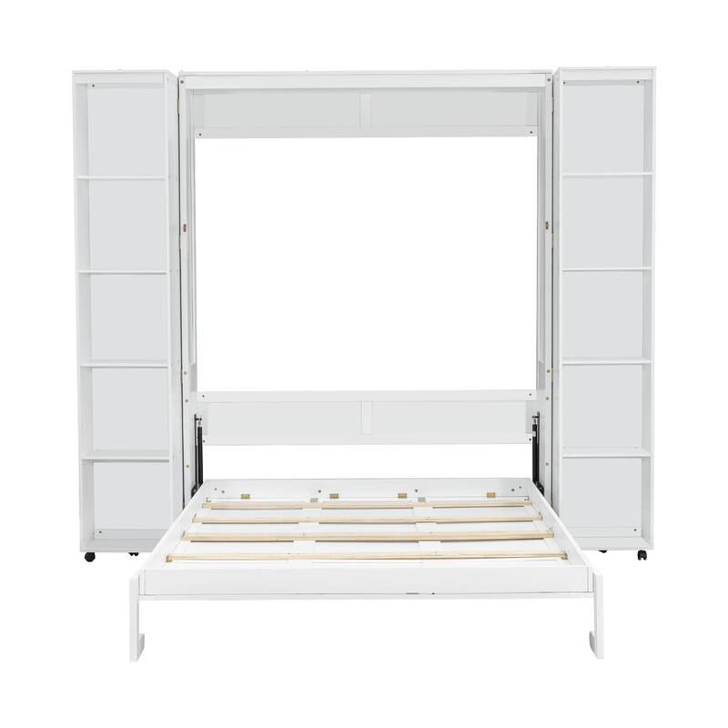 Queen Size Murphy Bed with Cabinets, Storage Wall Bed with Movable Bookcase, Wood Folding Bed Frame