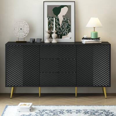 Modern Geometric Line Design and Conical Metal Legs Black Sideboard/Buffet