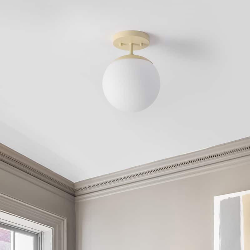 Galax Bistro 7.75" 1-Light Bohemian Farmhouse Iron/Frosted Glass LED Semi Flush Mount, Brass Gold/White by JONATHAN Y