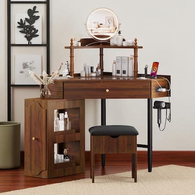 Modern Corner Makeup Vanity Desk with Stool, Charging Ports, Glass Tabletop, Removable Side Cabinet, Drawer & Storage Shelves