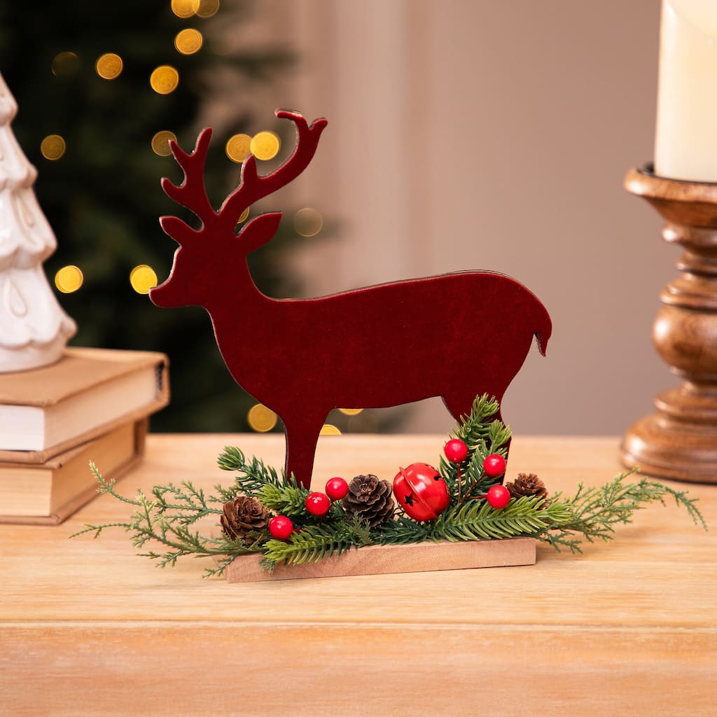 Deer and Jingle Bell Christmas Decoration - 8"- Red and Green
