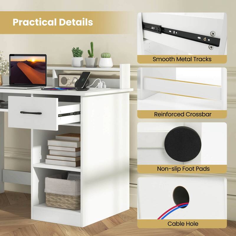 Costway White Computer Desk with Charging Station Drawer Removable & - See Details