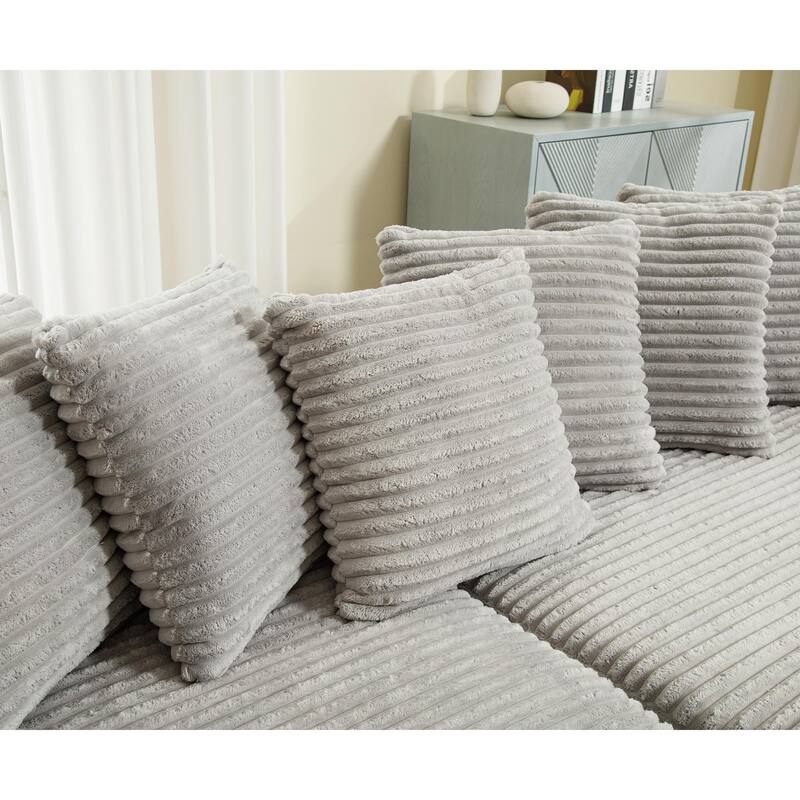 Gray 111" Corduroy L-Shaped Sectional Sofa with Right Chaise & 8 Pillows