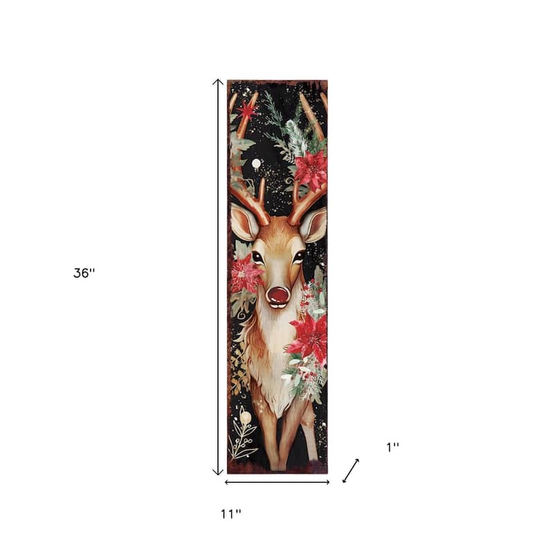 HomeRoots 36" Black Red And Green Christmas Reindeer Solid Wood Porch Sign