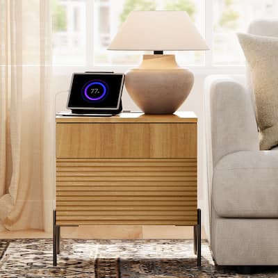 WAMPAT Fluted Nightstand with Charging Station,Modern Side Table with 2 Drawers