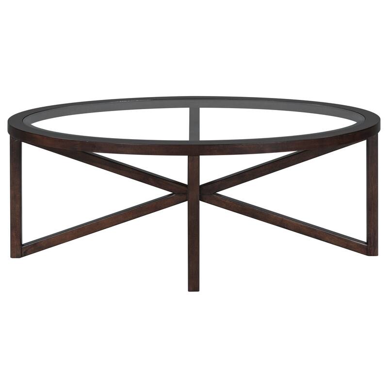 Roomfitters Modern Round Tempered Glass Coffee Table with Solid Wood Base, Clear Top Accent Table for Living Room