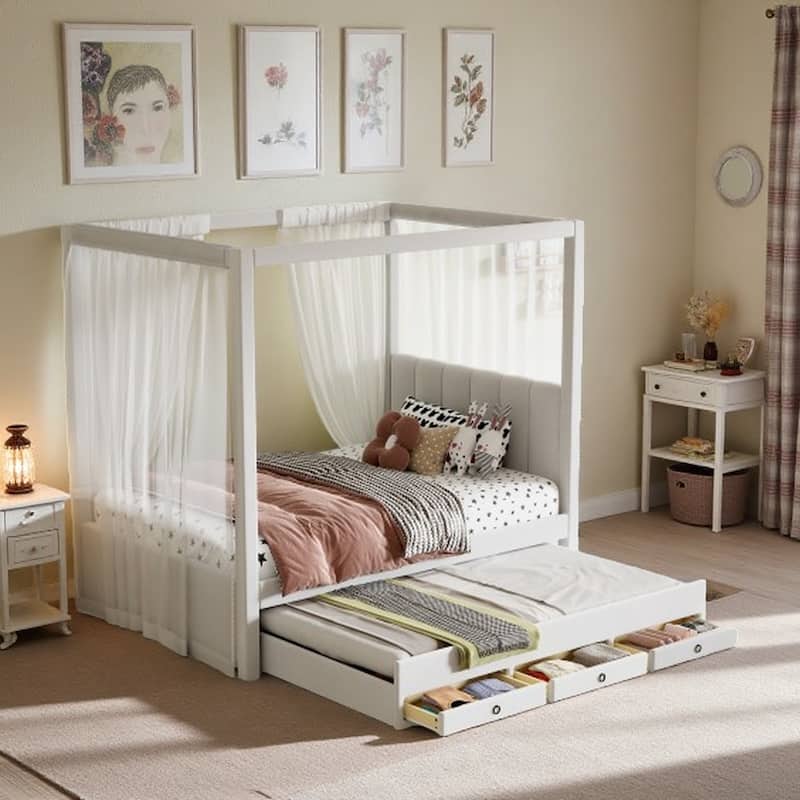 Full Size Upholstered Canopy Bed Frame with Trundle, 3 Storage Drawers, Beige Linen Finish, Space-Saving Design - Twin Beige - Twin