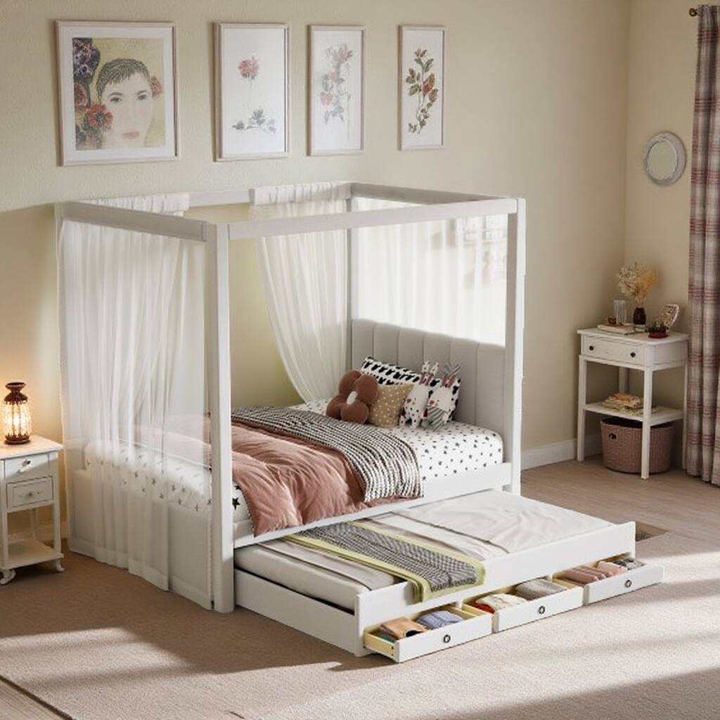 Full Size Upholstered Canopy Bed Frame with Trundle, 3 Storage Drawers, Beige Linen Finish, Space-Saving Design