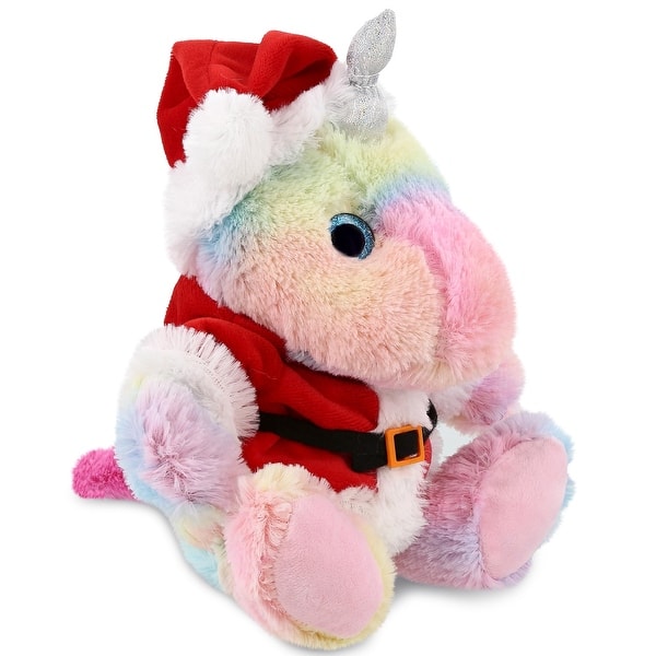 slide 2 of 6, DolliBu Santa Sitting Rainbow Unicorn Stuffed Animal Plush with Outfit - 10 inches