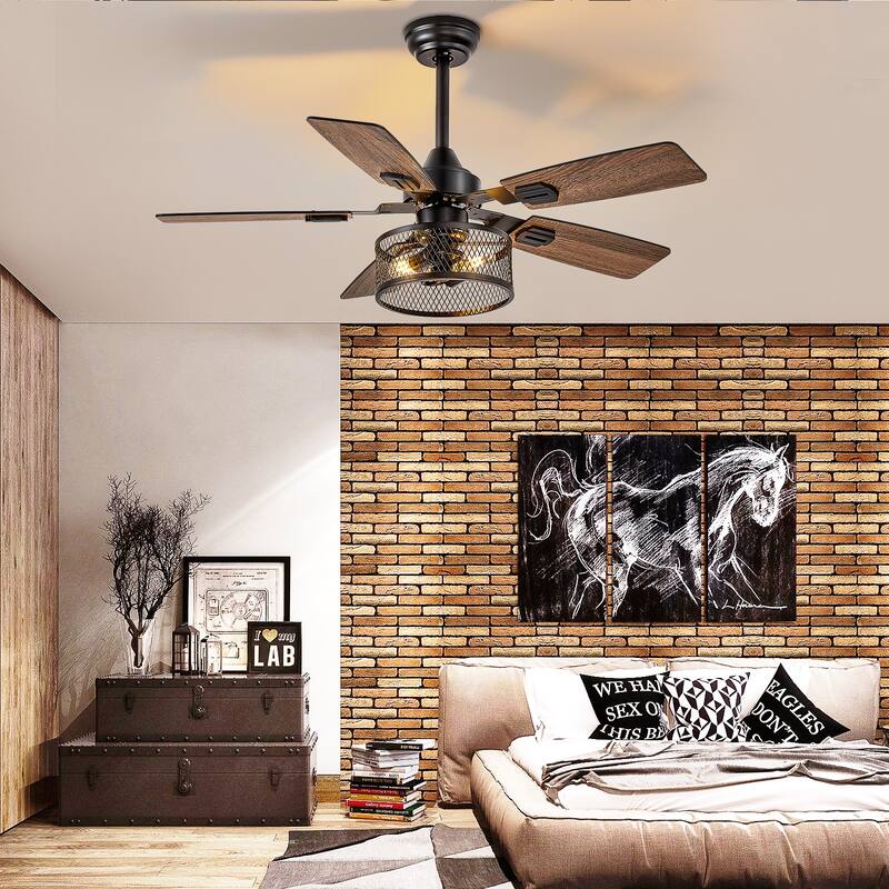 42-52Inch Caged Ceiling Fans with Lights: Dual Finish 5 Blades - Rustic with Remote Control (E26 Bulb Included)