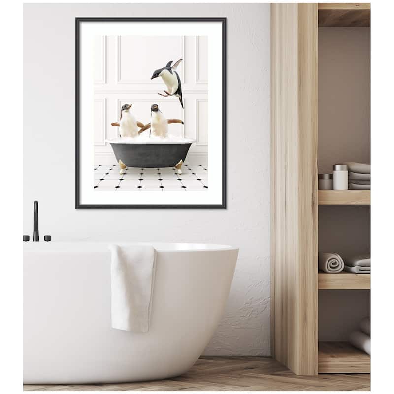 Kate and Laurel Penguins in Classic Black and White Bath by Amy Peterson Framed Wall Art Print