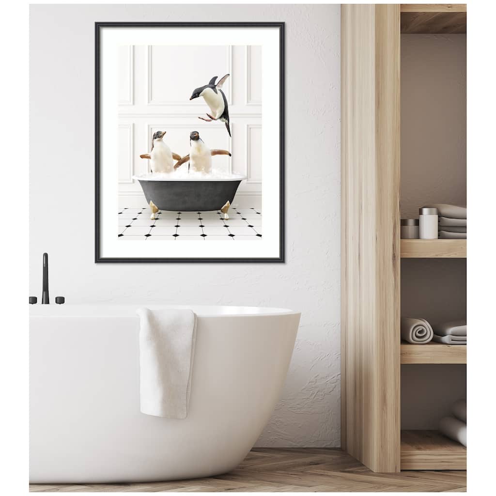 Kate and Laurel Penguins in Classic Black and White Bath by Amy Peterson Framed Wall Art Print