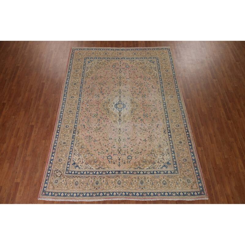 Vegetable Dye Distressed Mashad Persian Rug Antique Handmade Wool Carpet - 7'10" x 10'9"