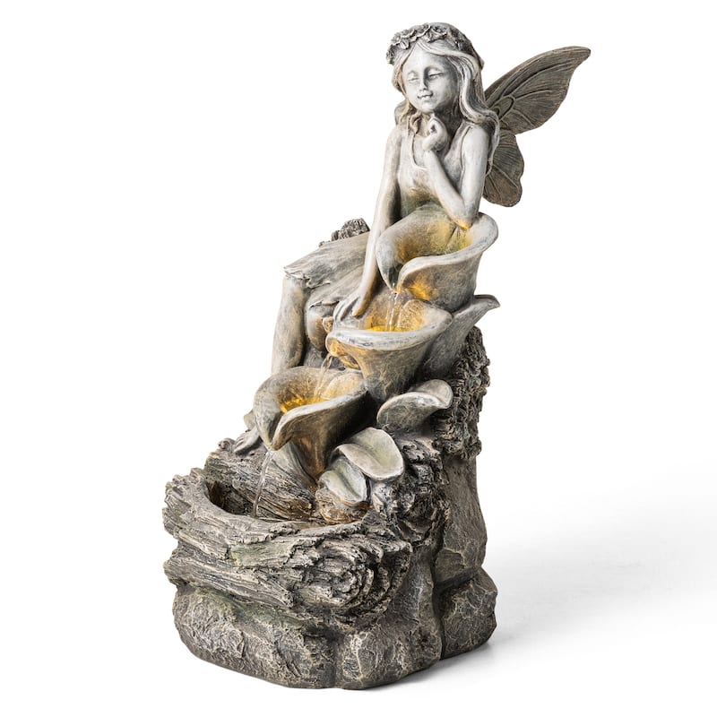 Glitzhome 22"H 4-Tiered LED Lighted Mermaid Fairy Polyresin Outdoor Floor Statue Fountains