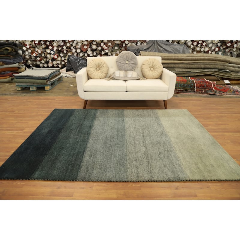 Hand Knotted Oriental 100% Wool Carpet Modern Stripe Greys & Charcoal Gabbeh Area Rug - 7' 8'' X 5' 8''