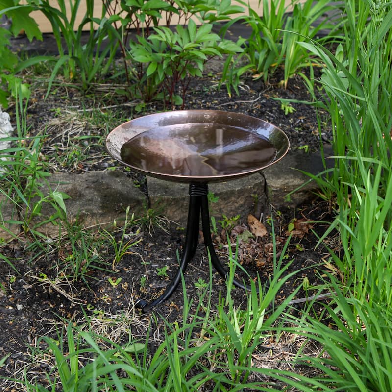Achla Designs 14"W Round Burnt Copper Stainless Steel Birdbath w/ Black Wrought Iron Tripod Stand