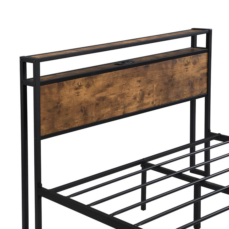 Metal Platform Bed with Charging Station & Wood