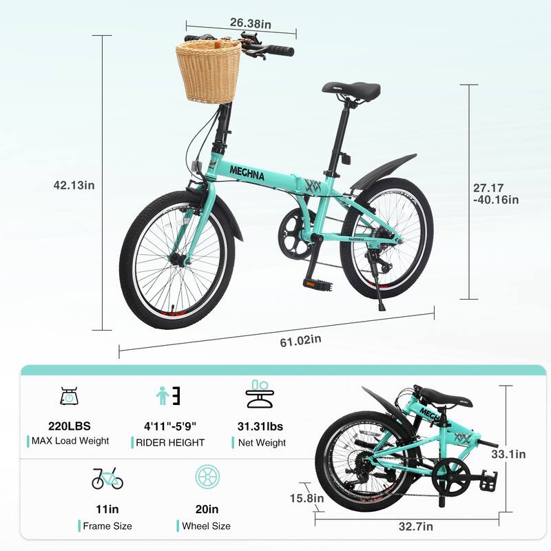 20 Inch Folding Bike, 6-Speed City Commuter Bicycle with Basket & Dual V-Brake, Portable Compact Bicycle, Steel Frame for Teens