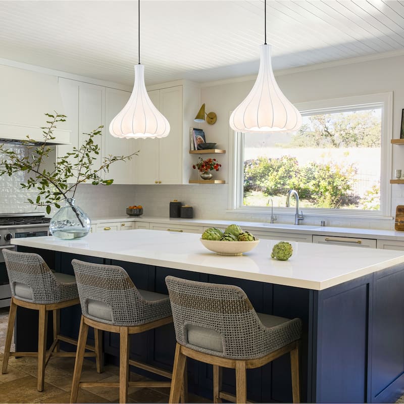 White Fluted Bell Fabric Pendant Light for Bedroom & Living Room - Dia.13.78-in