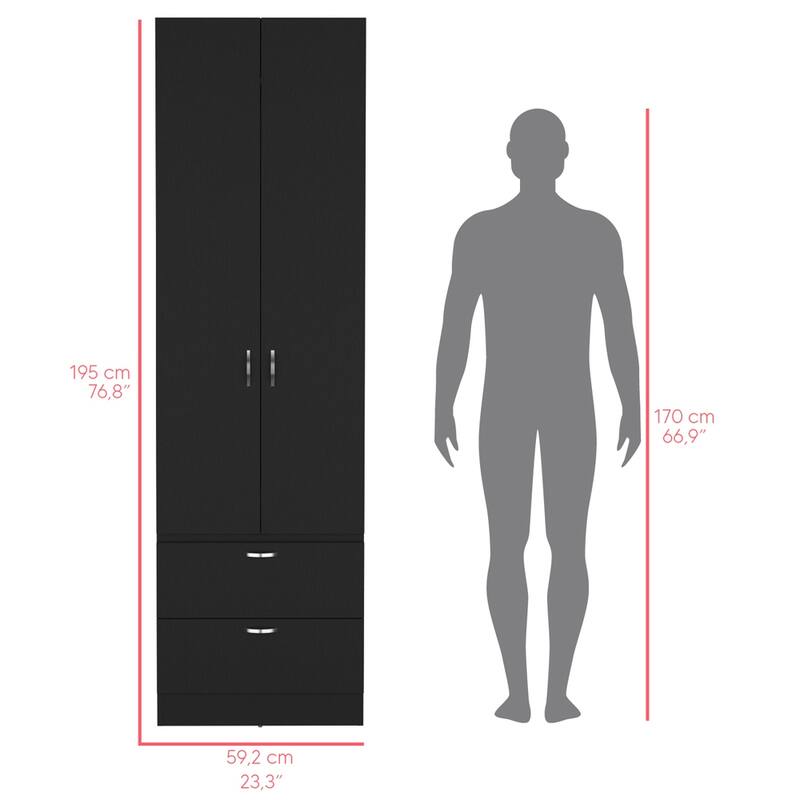 19.5" Modern Double-door Armoire with Hanging Rod, One Shelf and Two Exterior Drawers