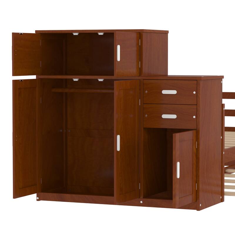 Multifunctional Twin Wood Platform Bed with Bookshelf, Wardrobe, and Trundle, Walnut Finish