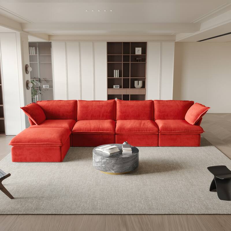 Modular Sectional Sofa Couch, 162.98" Velvet L-Shape Sofa with Ottoman