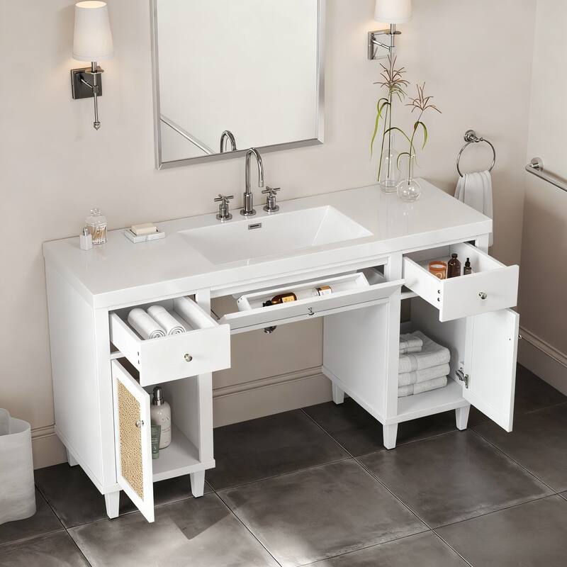60 Inch Bathroom Vanity with SMC Sink, Modern Spacious Bathroom Storage Cabinet with Soft Close Drawers and Tip-Out Tray
