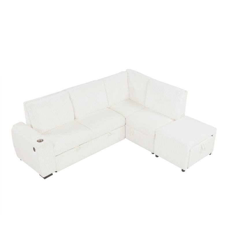 94" Convertible L-shaped Sectional Sofa with Pull-out Bed, Movable Ottoman and Stool, Storage, Cup Holder, and USB Ports