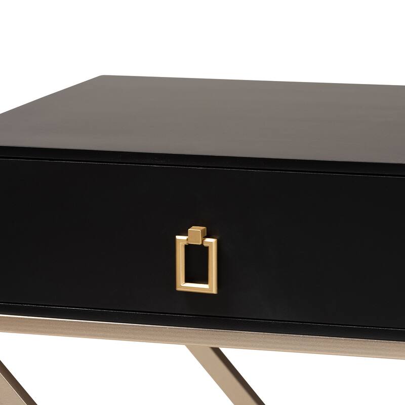 Modern Black Nightstand with Drawer - Wood & Metal Bedside Table, Contemporary Accent Furniture