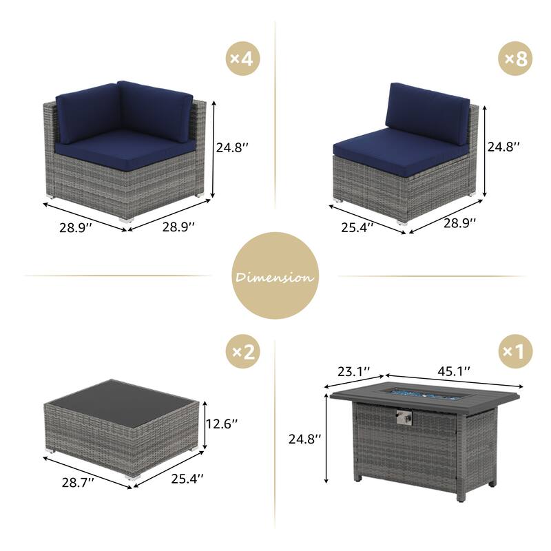 15 Piece Wicker Set Patio Sofa Furniture with Fire Pit And Table