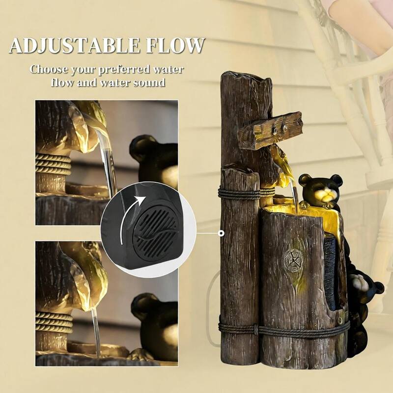 3-Tier Resin Bears on Log Outdoor Waterfall Fountain,Water Fountain with LED Lights, Pump