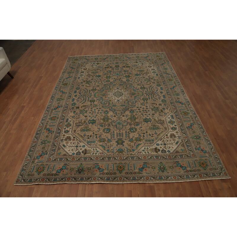 Hand Knotted Oriental 100% Wool Carpet Traditional Floral Beige & Ivories Tabriz Area Rug - 11' 2'' X 8' 0''