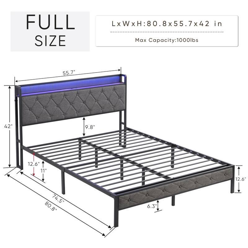 Full Upholstered Platform Bed with LED Headboard, USB Charging Station, Storage Shelf and Noise-Free Metal Slats