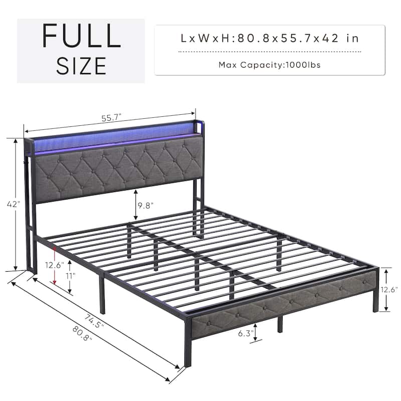 Grey Full Bed with Storage & LED