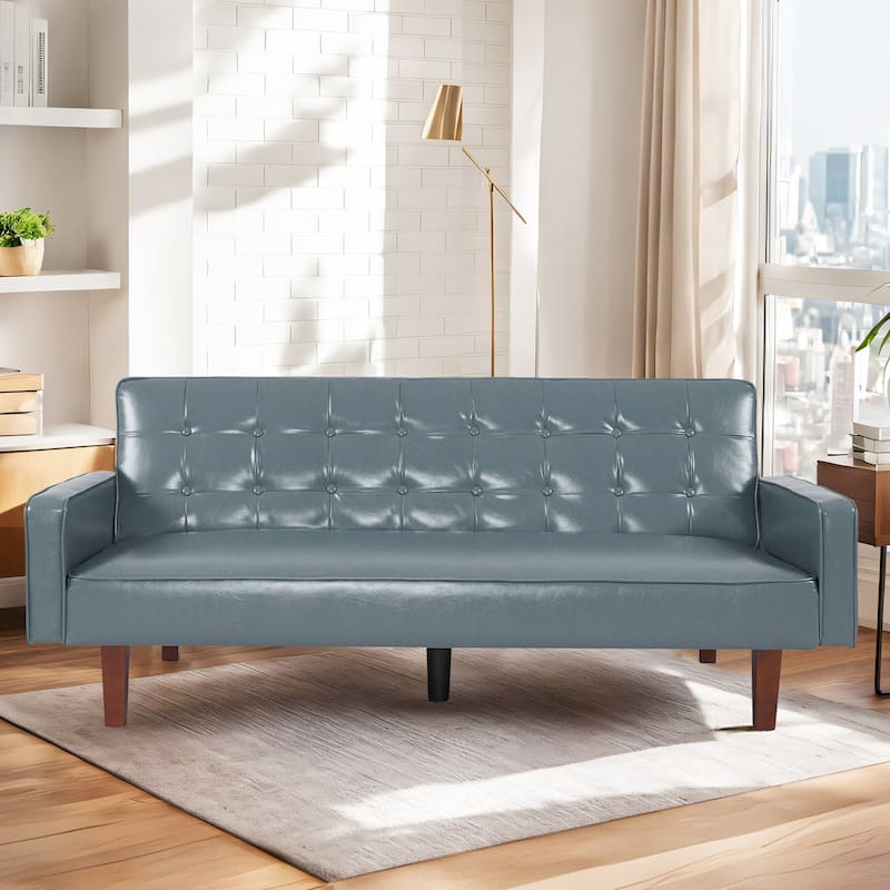 74.4” L Faux Leather Full Handcrafted Button Tufted Sofa 3-Seat, Convertible Sleeper Couch Adjustable Backrest - Grey