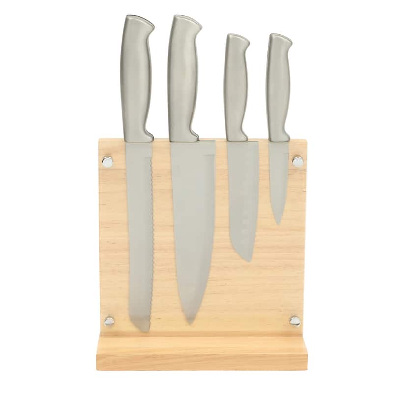 Oster Baldwyn 5-Piece Stainless Steel Knife Block Set with Wood Magnetic Stand - Countertop Display & Knive-Safe Storage