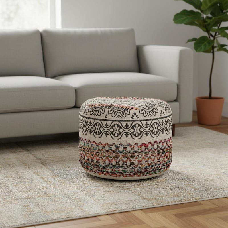HomeRoots 18" Rainbow And Gray Cylinder Geometric Pouf Ottoman - Rainbow/Gray - 18.00 in. x 14.00 in.  x 18.00 in.