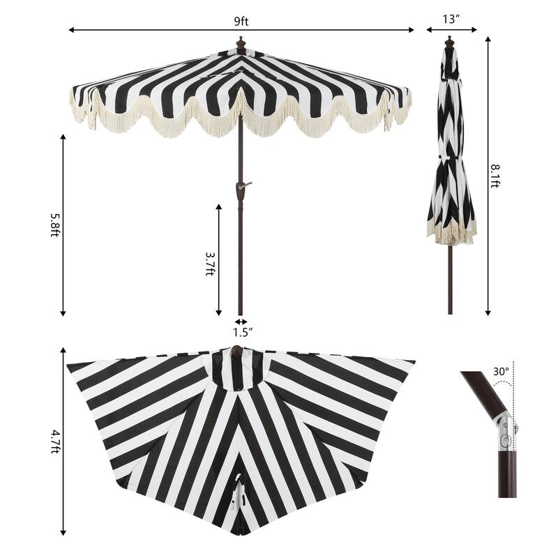 9ft Half Market Umbrella, Scalloped, Crank, Tilt, UV, by JONATHAN Y