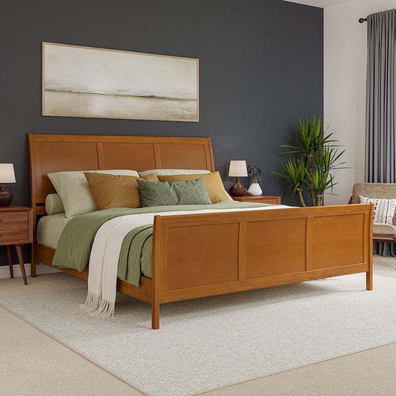 Valencia Solid Wood Low Profile Sleigh Platform Bed with Matching Footboard - Light Toffee - King