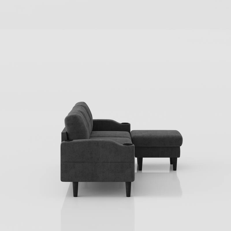 Grey 78.74'' Versatile L-Shaped 3 Seater Sectional Sofa with Storage and Footstool, Built-in USB Ports, Cup Holders