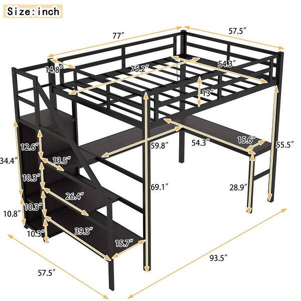 Full Size Metal Loft Bed with L-shaped Desk and USB, Wardrobe and LED for Kids