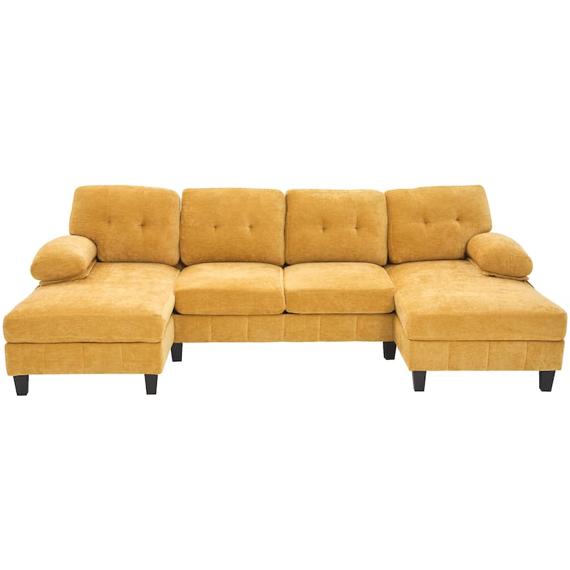 U-shaped 103.5" Chenille Fabric Sofa with Dual Chaise, Storage & Pillows, Yellow
