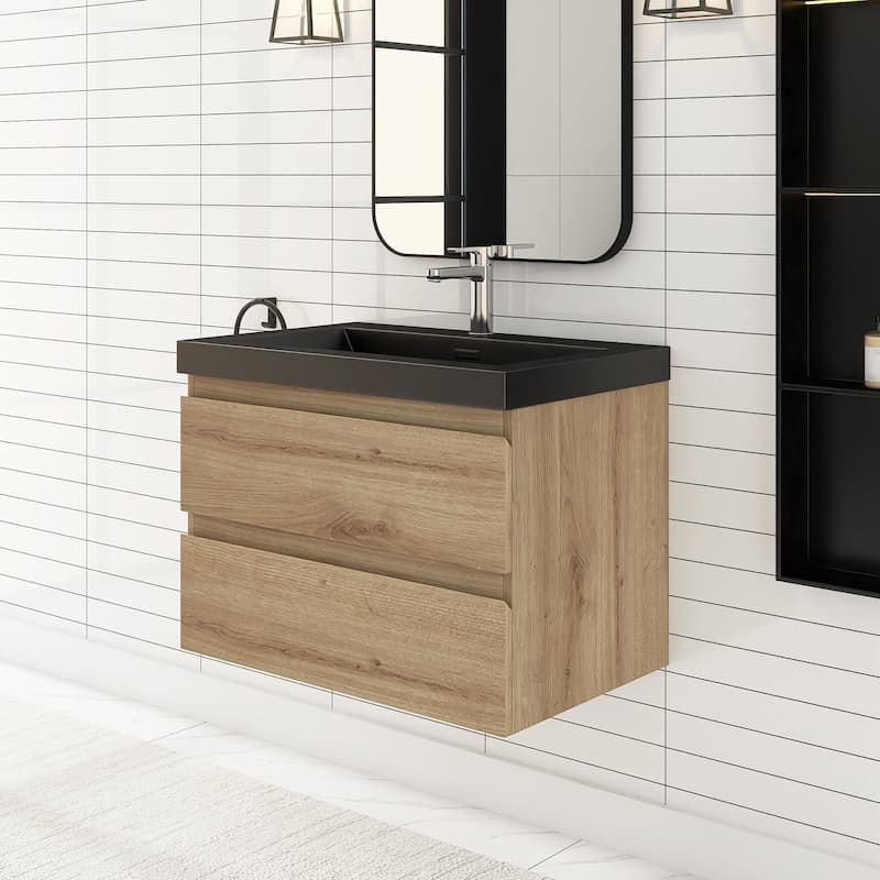 24/30/36 inch Wall-Mounted Bathroom Vanity Set in F. Oak with Integrated Black Resin Sink