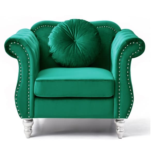 slide 2 of 4, Tufted Velvet Accent Chair with Round Pillow - 39" - Green
