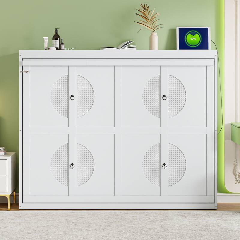 Rattan-Panel Murphy Bed with Power Hub by Harper&Bright Designs - White - Queen