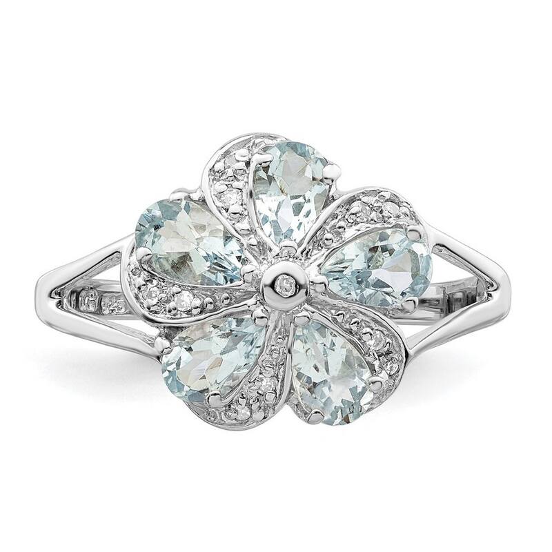 Curata 925 Sterling Silver Polished Open back Rhodium Aquamarine Diamond Ring