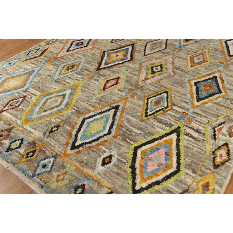Multi-Color Geometric Moroccan Oriental Rug Hand-Knotted Wool Carpet - 7'0" x 9'7"